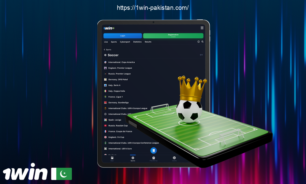 Soccer is the most popular sport in the lineup, with over 1,000 events available for betting daily on 1win Pakistan