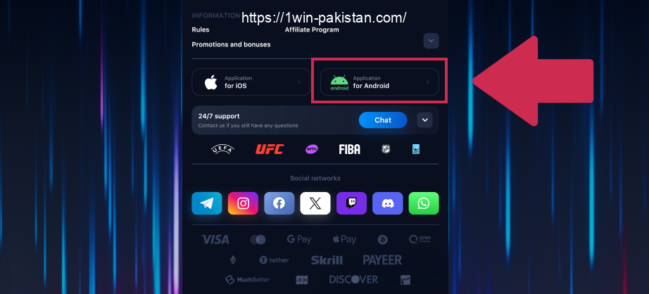 Players from Pakistan need to scroll down the 1win main page until they find the "Android App" option