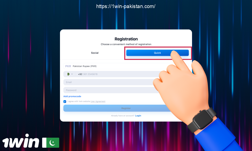 Users from Pakistan can choose to register at 1win using a quick method using phone number and email for registration